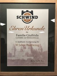 Schwind-Urkunde 30 Jahre Bierbezug
